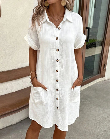Vintage Solid V-neck Three Quater Sleeve Cotton Linen Dress Twirly Threads