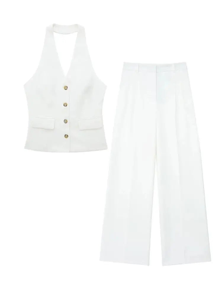 2 Piece Set Halter Neck Single-Breasted Pocket Twirly Threads
