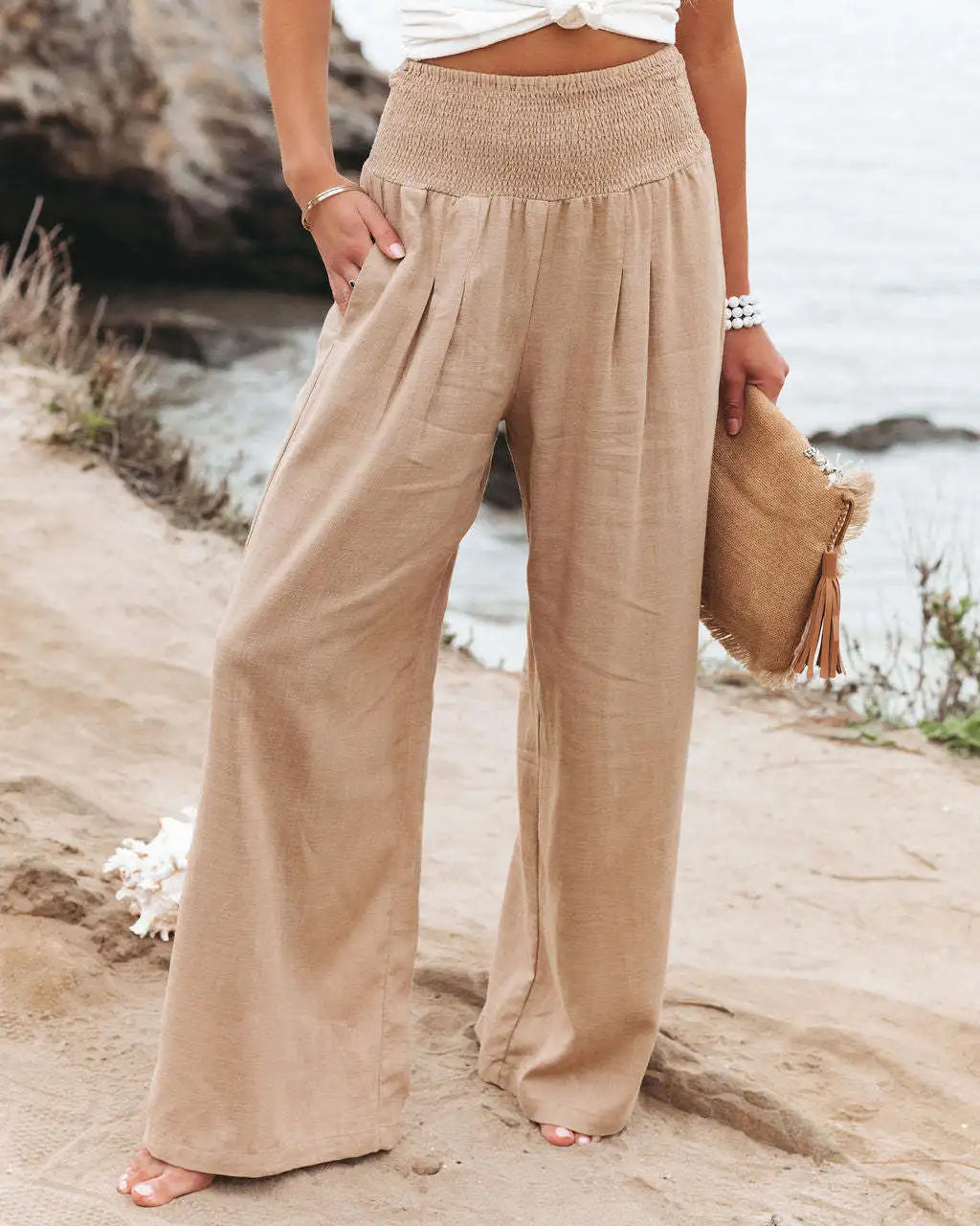 Casual pants with drawstring, mid waist, beach wide leg Twirly Threads