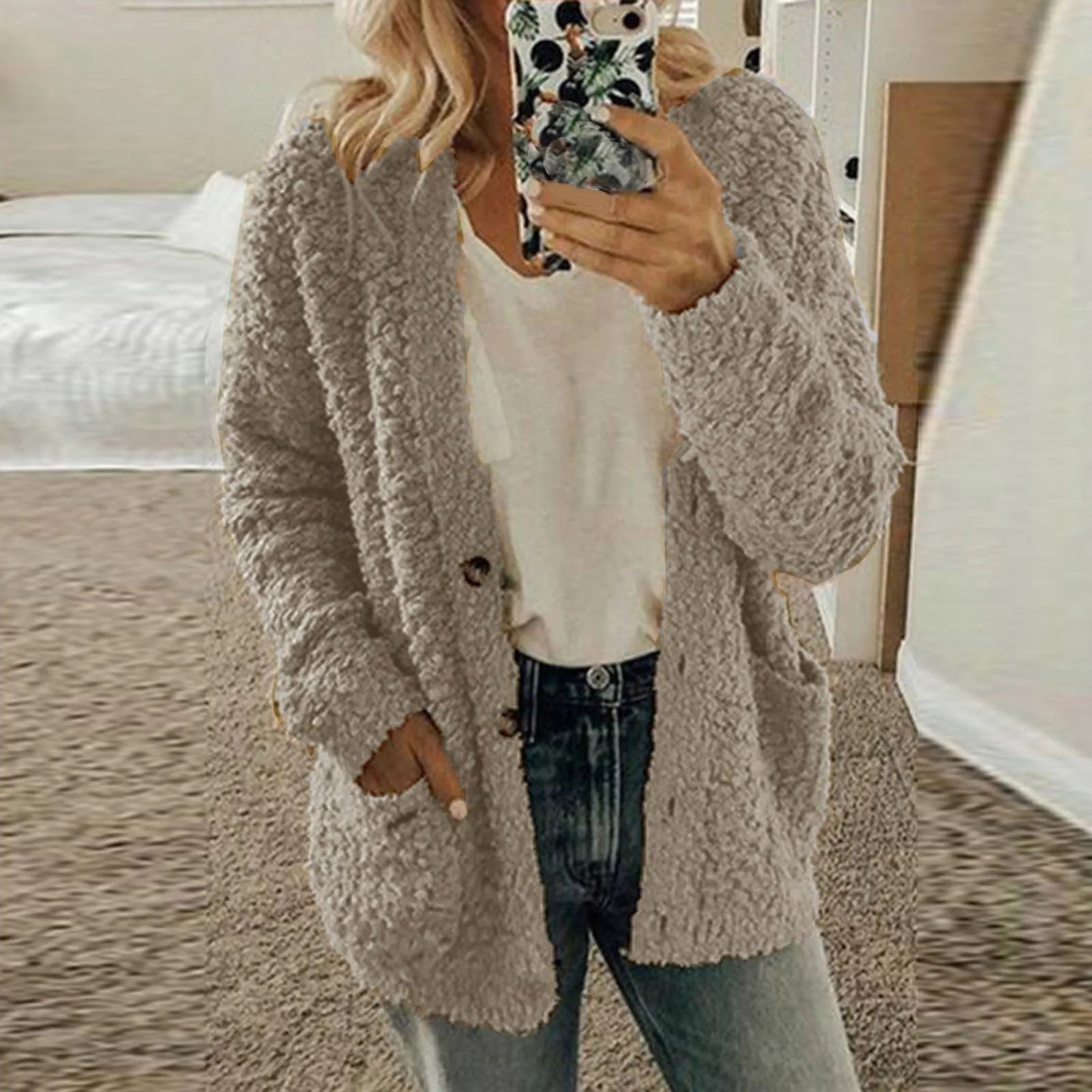 Casual Plus Size Plush Sweater Pockets Cardigan Twirly Threads