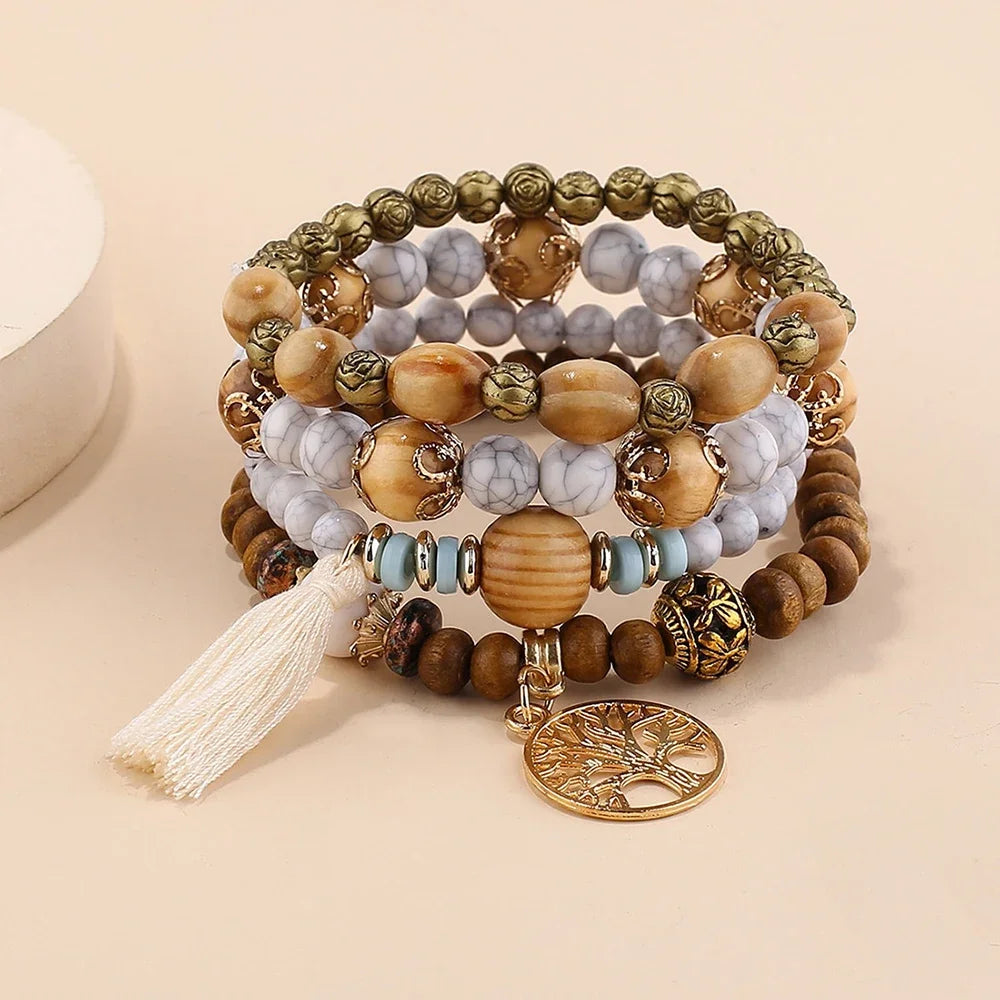 Boho Wooden Beaded Bracelet Set Twirly Threads