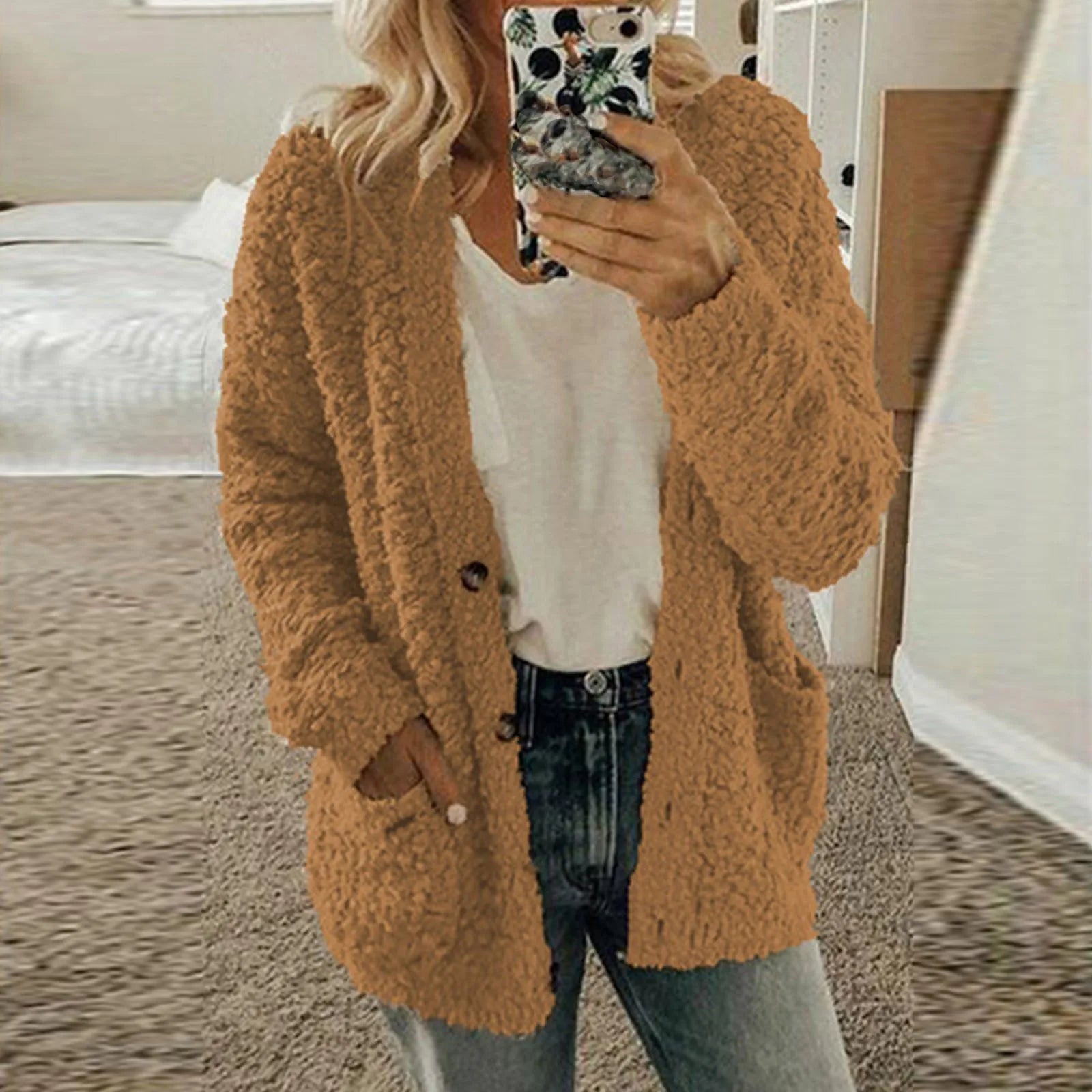 Casual Plus Size Plush Sweater Pockets Cardigan Twirly Threads