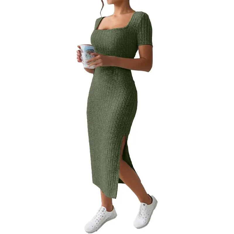 Square Neck, Hip-Hugging Mid-Length Skirt, Knitted Slit Dress Twirly Threads