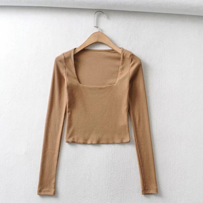 Ribbed Square Neck Crop Top With Long Sleeve Twirly Threads