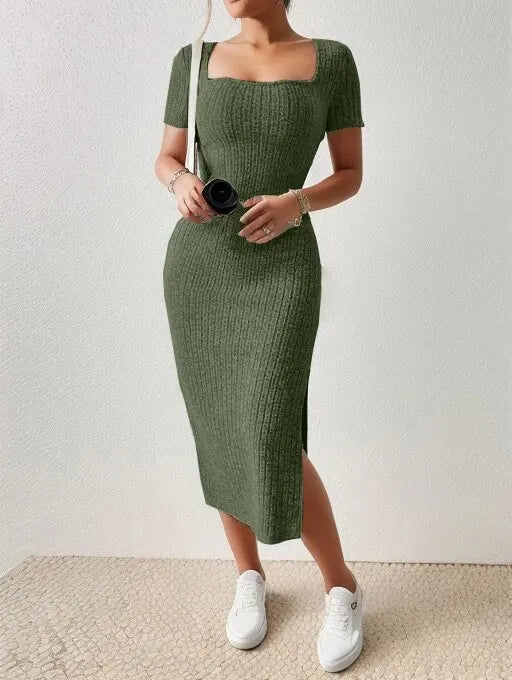 Square Neck, Hip-Hugging Mid-Length Skirt, Knitted Slit Dress Twirly Threads
