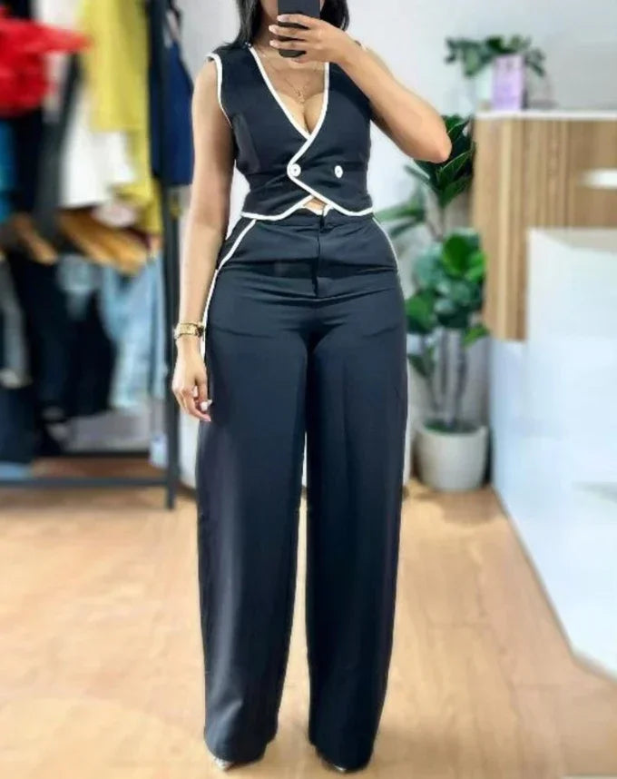 Elegant V-Neck Buttoned Vest Top & Pocket Design Pants Set Twirly Threads