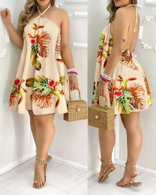 Tropical Print Halter Neck Dress Twirly Threads