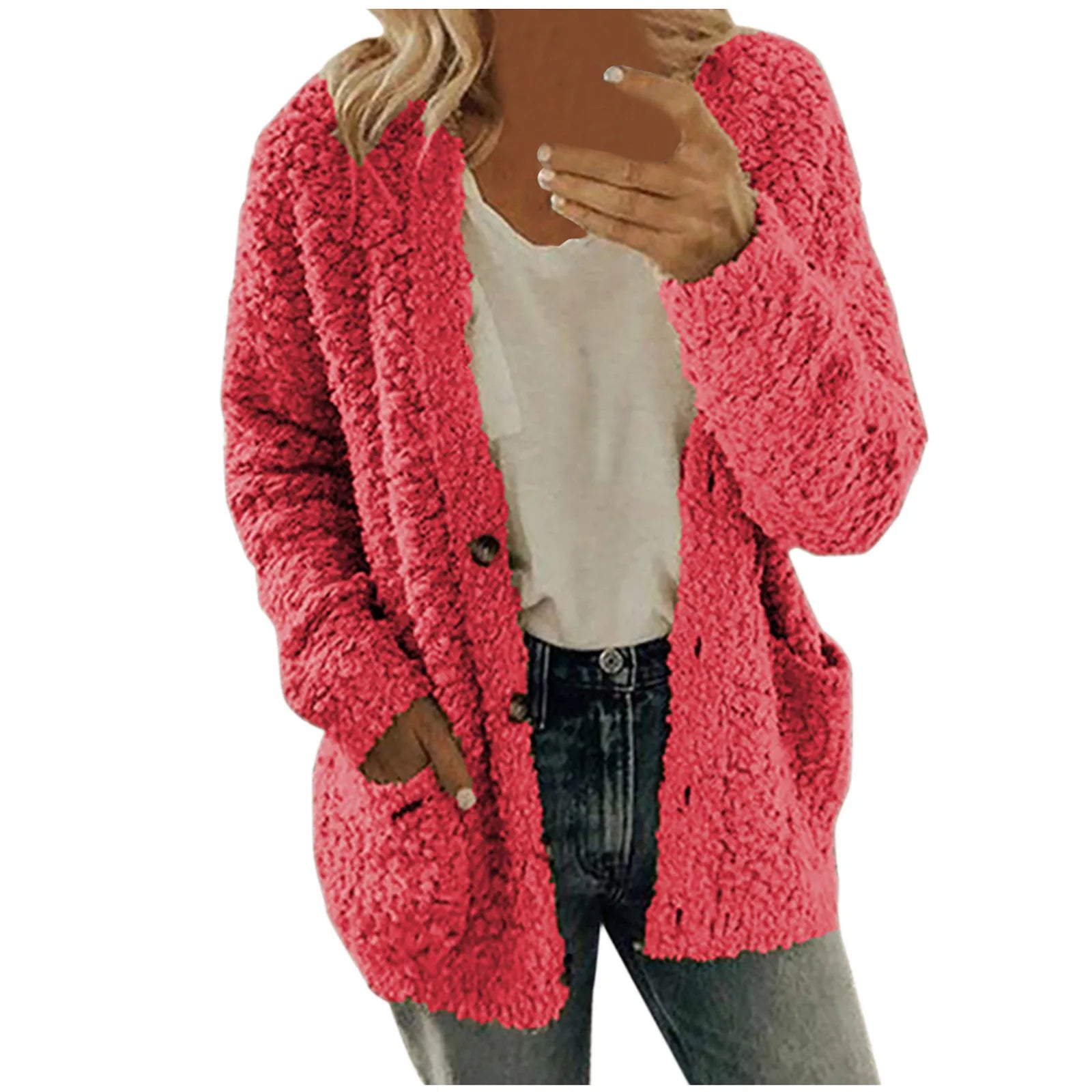 Casual Plus Size Plush Sweater Pockets Cardigan Twirly Threads