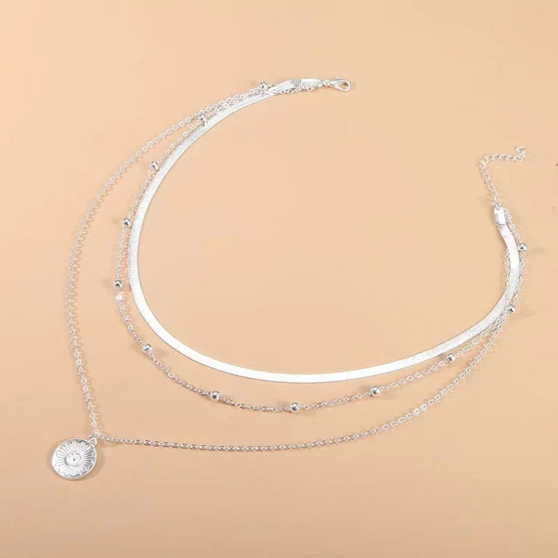 Sterling Silver Three-Layer Round Necklace Twirly Threads