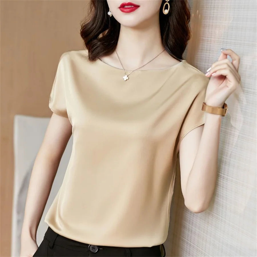 Short Sleeve O-Neck Satin Blouse Twirly Threads