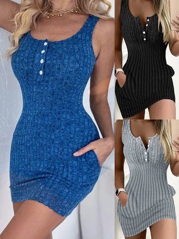 Button Front With Pocket Tank Dress  Elegant Sleeveless Twirly Threads