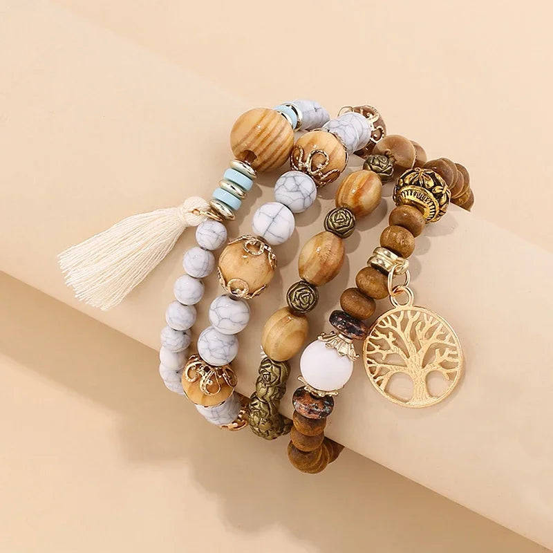 Boho Wooden Beaded Bracelet Set Twirly Threads