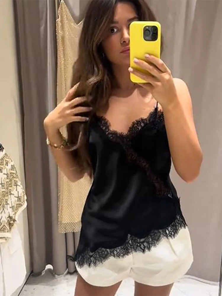 Lace Sling Loose V Neck Sleeveless Backless See Through Top Twirly Threads