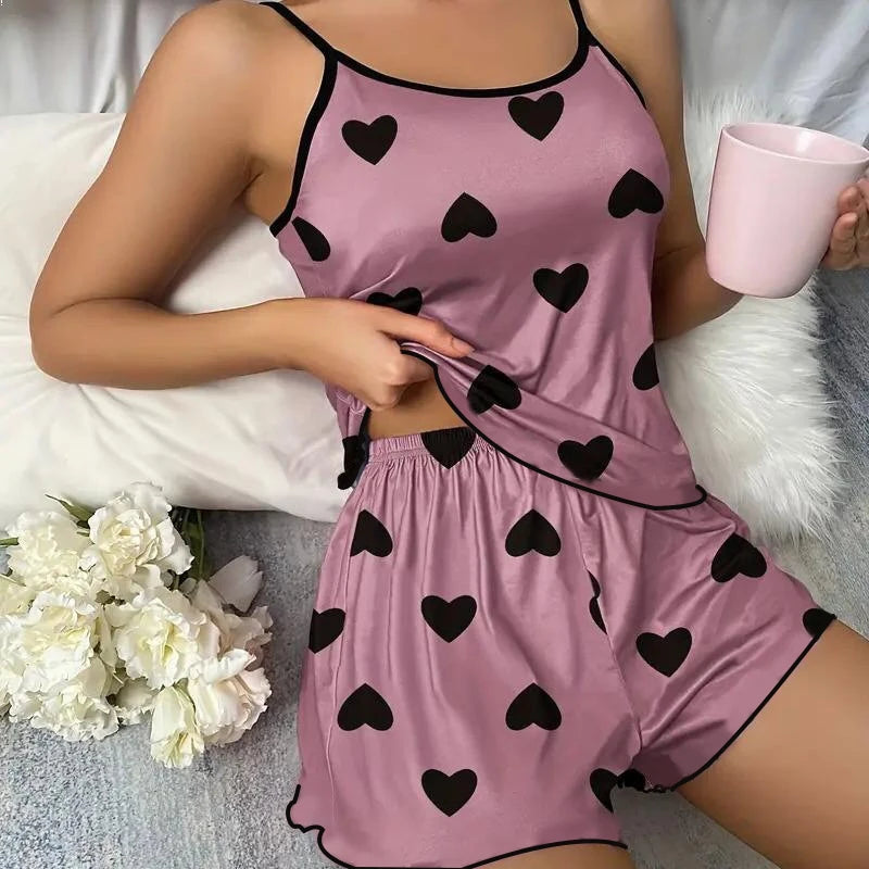 Pajama Set T-Shirts Shorts Pink Heart-Shaped Ice Silk Twirly Threads