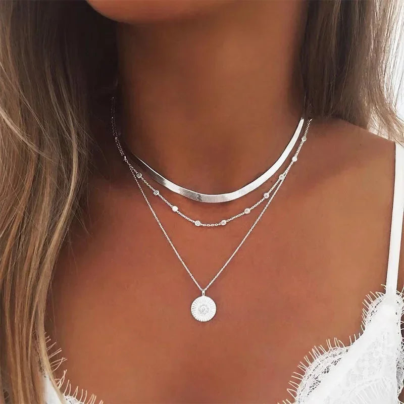 Sterling Silver Three-Layer Round Necklace Twirly Threads