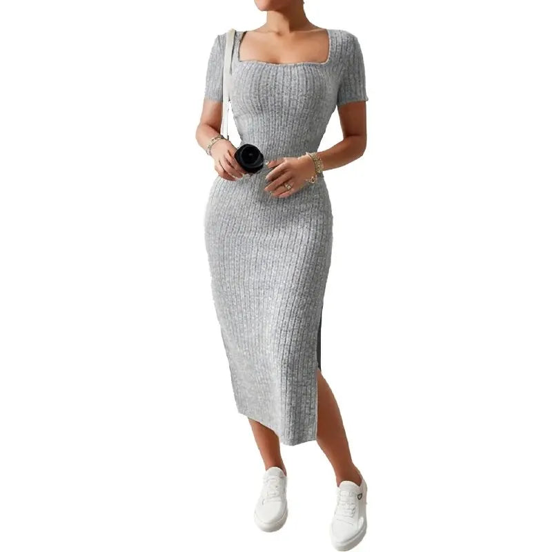 Square Neck, Hip-Hugging Mid-Length Skirt, Knitted Slit Dress Twirly Threads