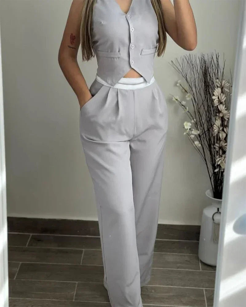 Elegant V-Neck Buttoned Vest Top & Pocket Design Pants Set Twirly Threads