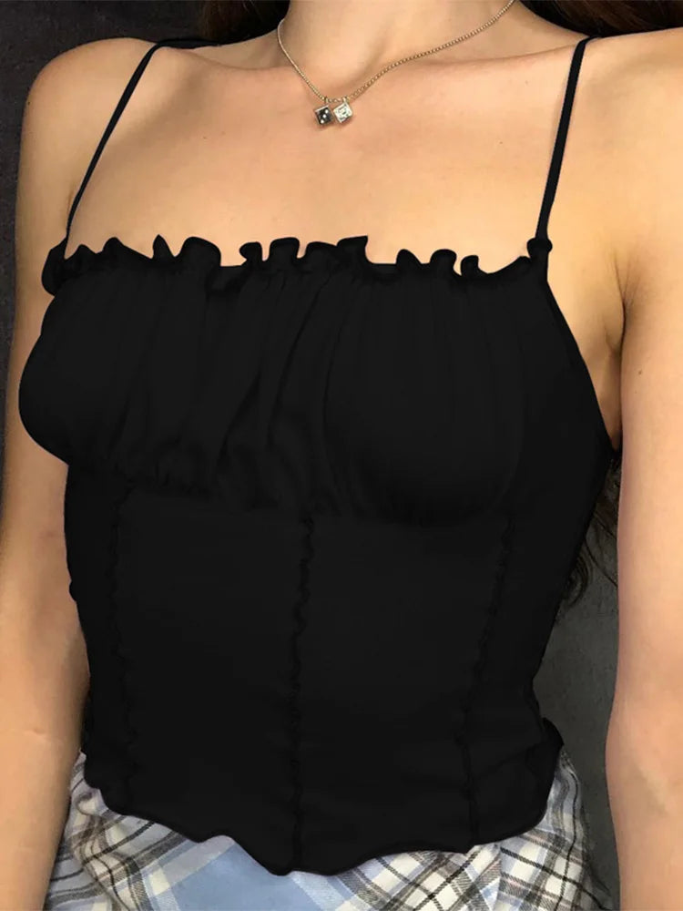 Ruffles Tank Sleeveless Strapless Ruched Slim Crop Twirly Threads
