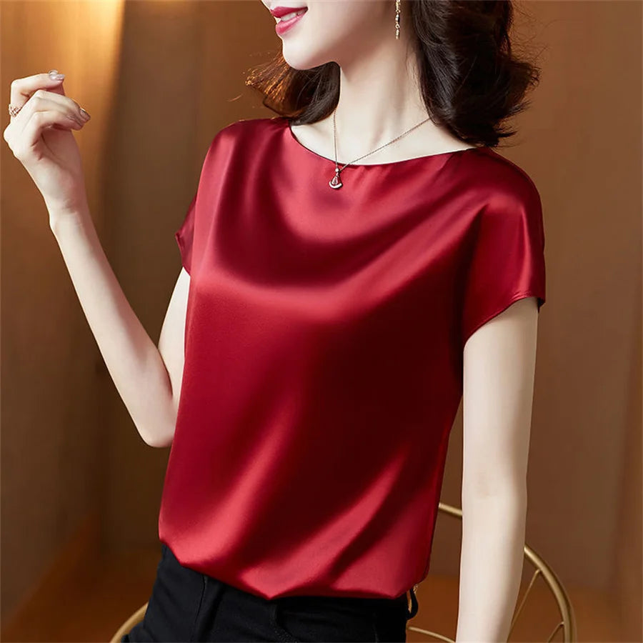 Short Sleeve O-Neck Blouses Satin Blouse Twirly Threads