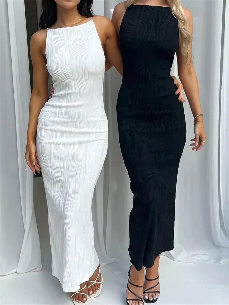 Sexy Women Long Dress Ruched Sleeveless Twirly Threads
