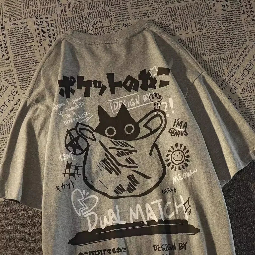 Japanese Retro Pocket Cat Cartoon Short Sleeve T-shirt Twirly Threads