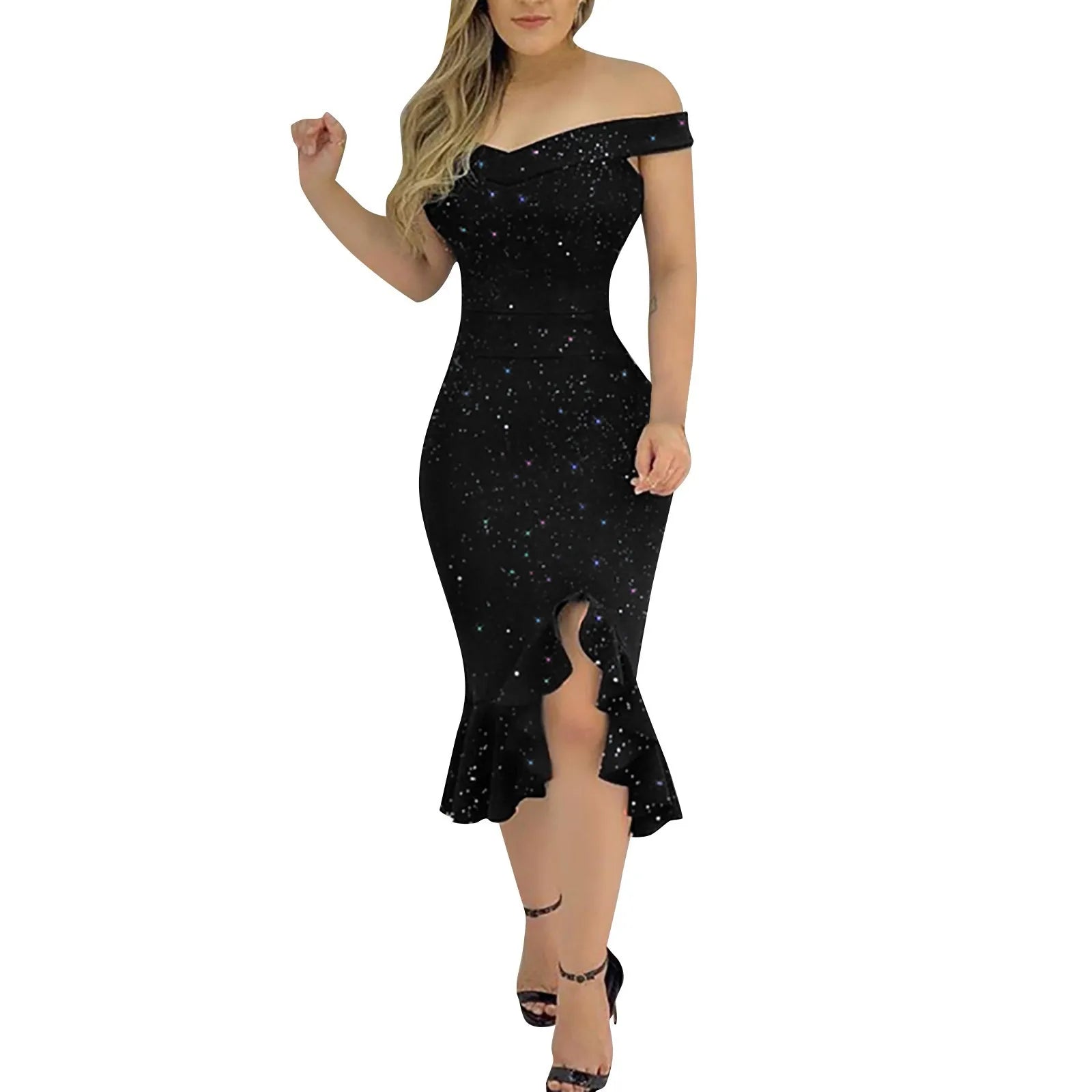 Sexy Shoulder Short Sleeve Sequin Ruffle  Elegant Dresses Twirly Threads