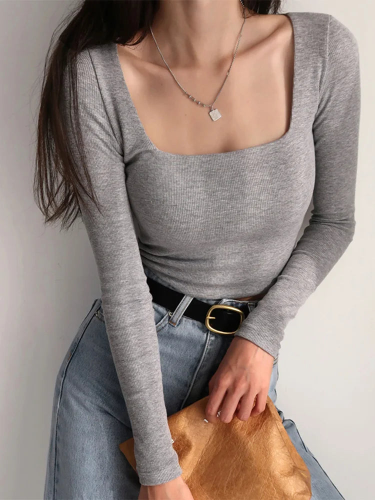 Ribbed Square Neck Crop Top With Long Sleeve Twirly Threads