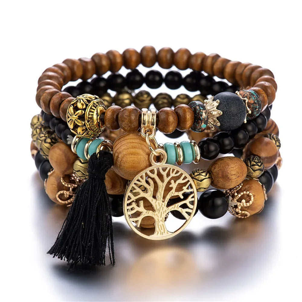 Boho Wooden Beaded Bracelet Set Twirly Threads