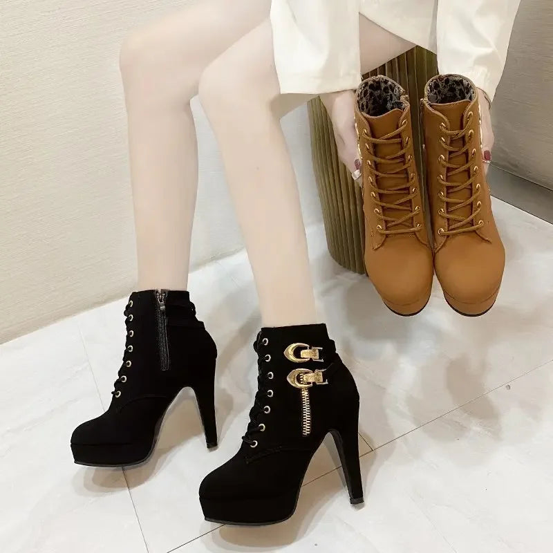 High Heels Stiletto Ankle Boots Lace-upside Zipper Boots Twirly Threads