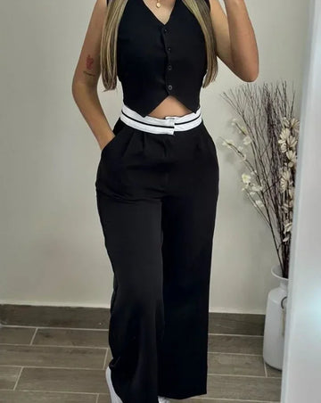 Elegant V-Neck Buttoned Vest Top & Pocket Design Pants Set Twirly Threads