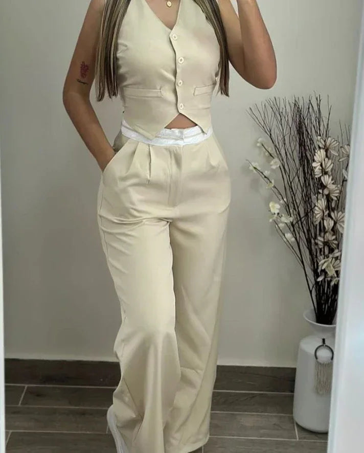 Elegant V-Neck Buttoned Vest Top & Pocket Design Pants Set Twirly Threads