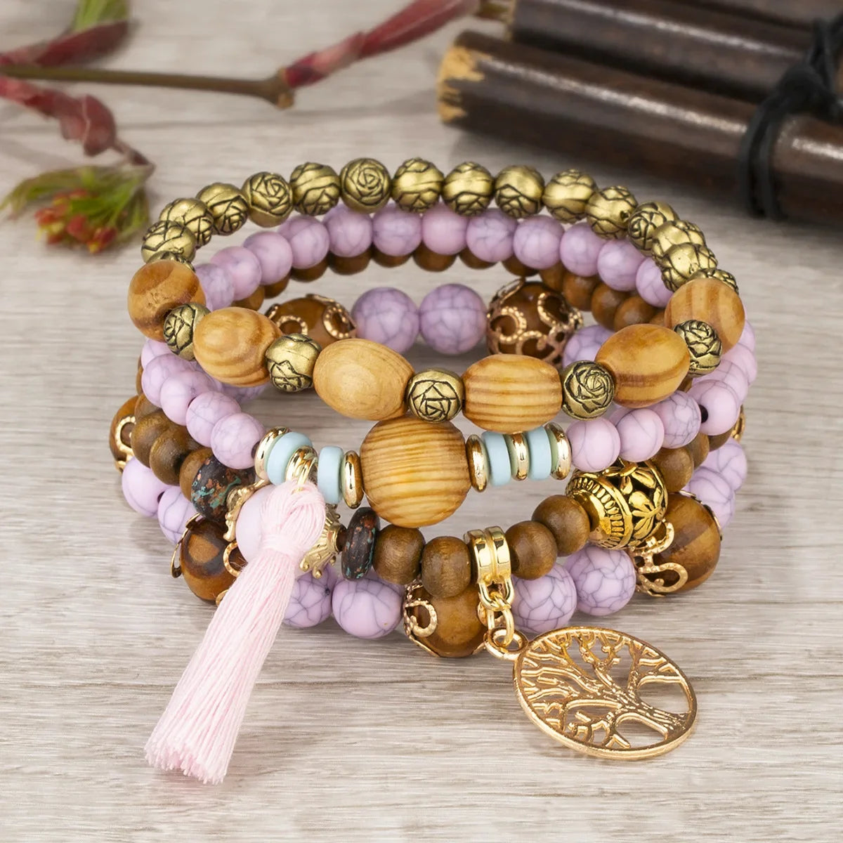 Boho Wooden Beaded Bracelet Set Twirly Threads