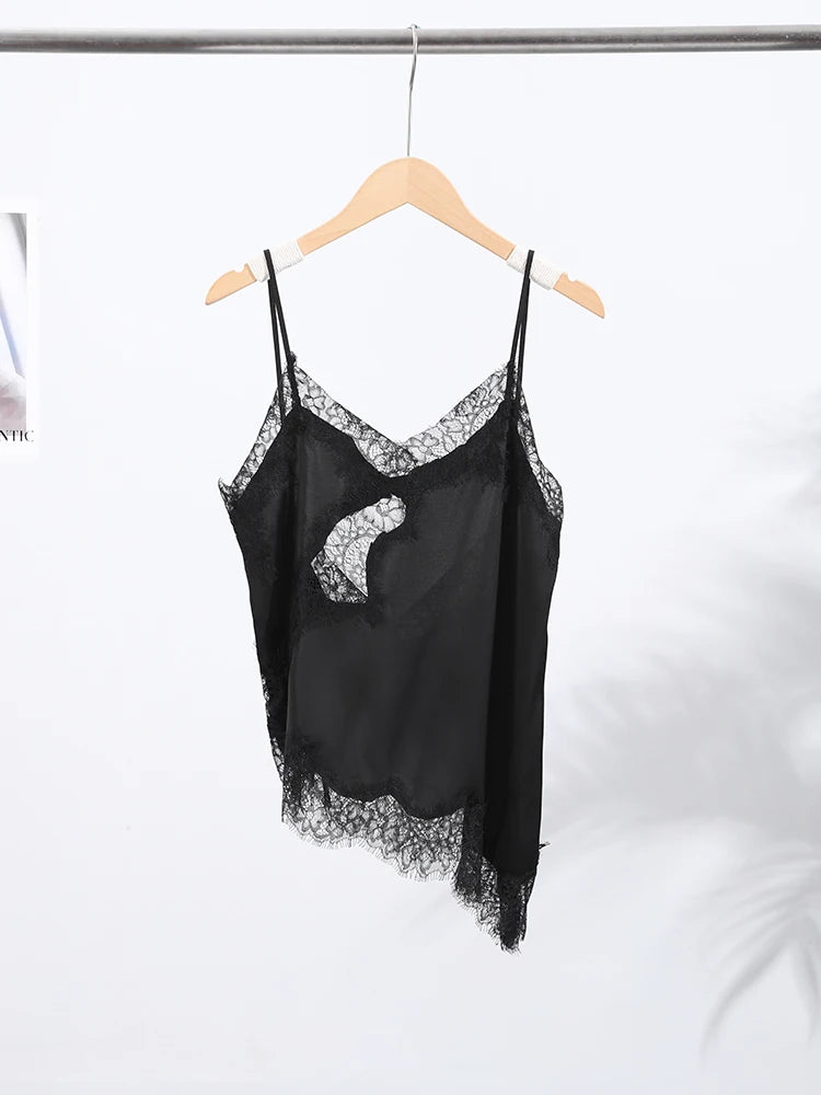 Lace Sling Loose V Neck Sleeveless Backless See Through Top Twirly Threads