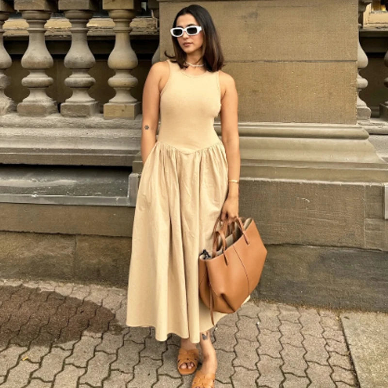 Khaki Elegant Long Dresses Spring Sleeveless Black Dresses Twirly Threads