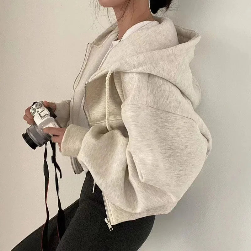 Ins fleece-lined Versatile Cropped Slim Zip-up Warm Sweatshirt Twirly Threads