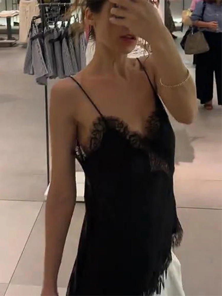 Lace Sling Loose V Neck Sleeveless Backless See Through Top Twirly Threads