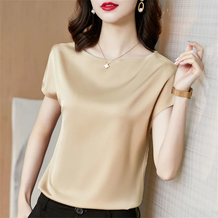 Short Sleeve O-Neck Satin Blouse Twirly Threads