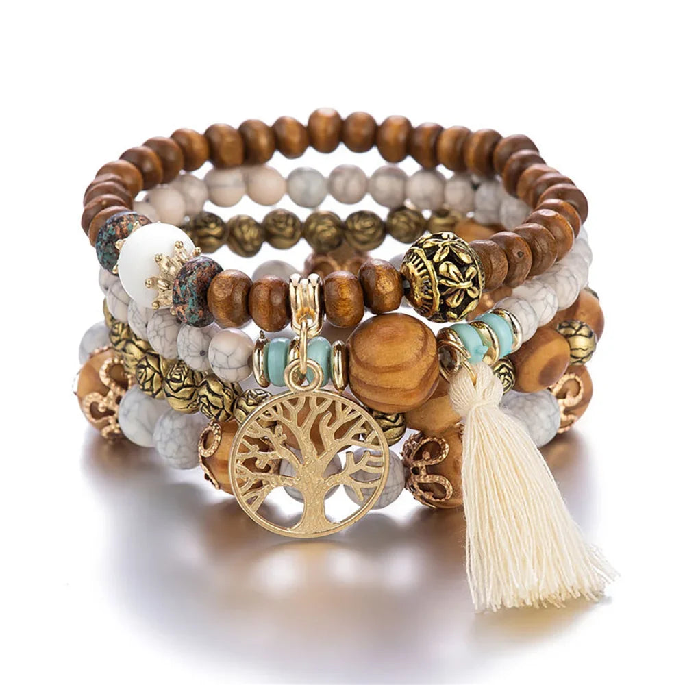 Boho Wooden Beaded Bracelet Set Twirly Threads