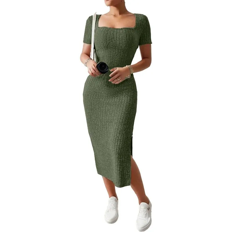 Square Neck, Hip-Hugging Mid-Length Skirt, Knitted Slit Dress Twirly Threads