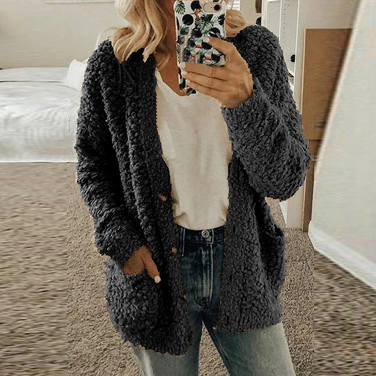 Casual Plus Size Plush Sweater Pockets Cardigan Twirly Threads