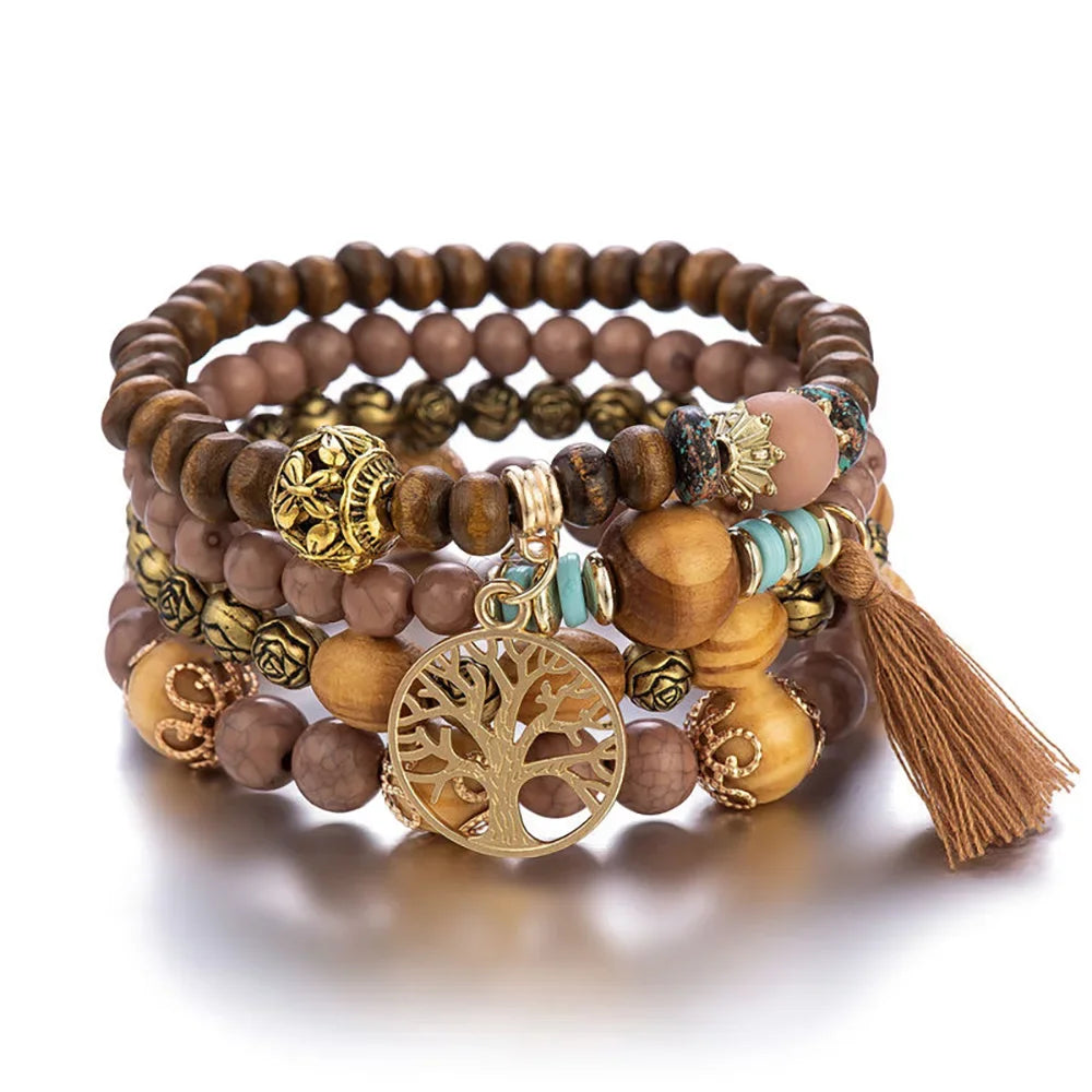 Boho Wooden Beaded Bracelet Set Twirly Threads
