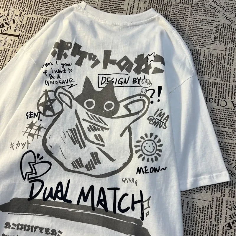 Japanese Retro Pocket Cat Cartoon Short Sleeve T-shirt Twirly Threads