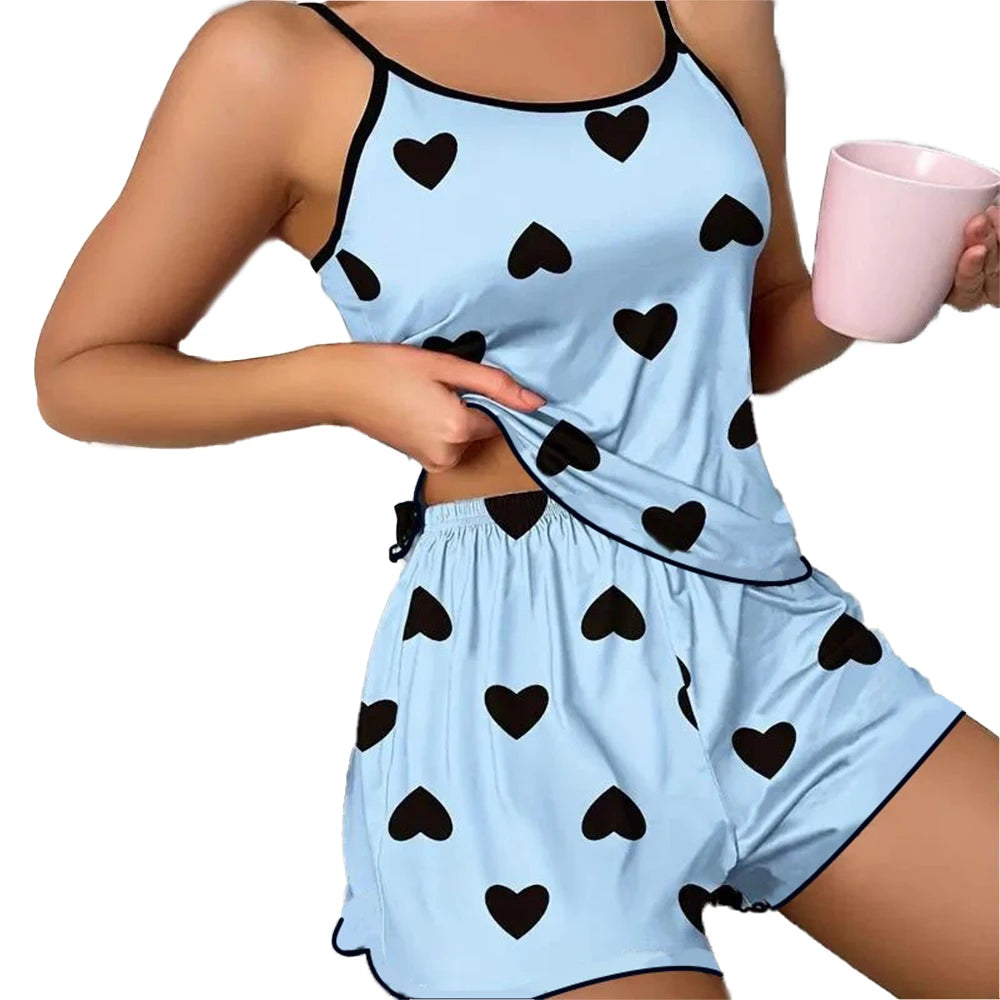 Pajama Set T-Shirts Shorts Pink Heart-Shaped Ice Silk Twirly Threads