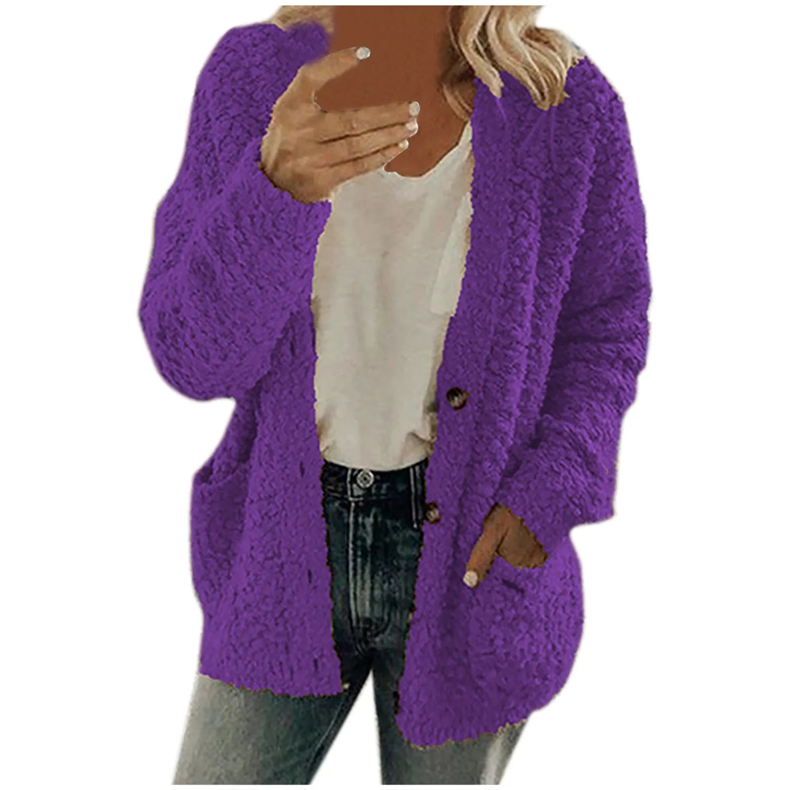Casual Plus Size Plush Sweater Pockets Cardigan Twirly Threads