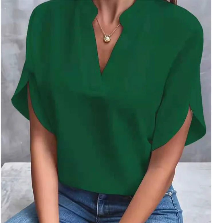 Elegant Women's Blouse V-neck Short Sleeve Twirly Threads
