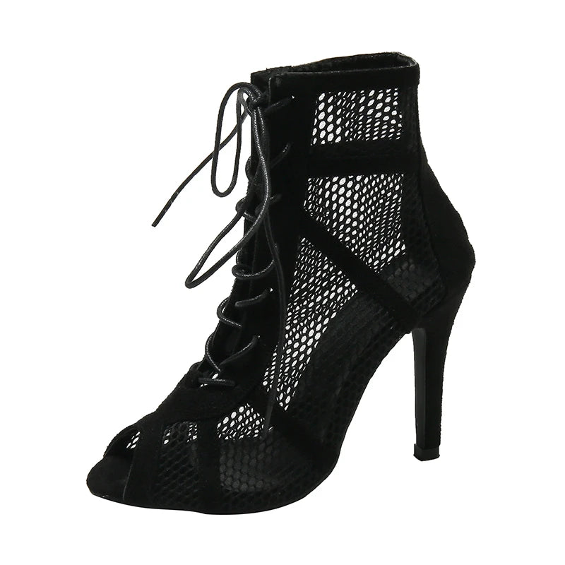 Sexy High Heels Hollow Mesh Sandals Cross-tied Peep Toe Twirly Threads