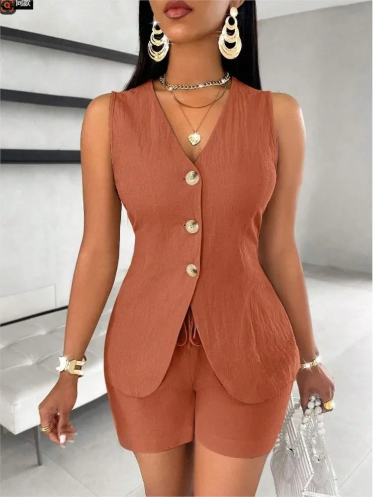 Casual Set Top Button Elegant Solid Short Pant Suit Twirly Threads