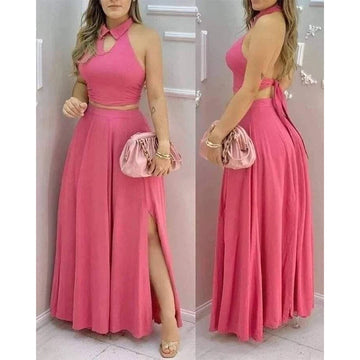 Two Piece Set Halter Collar Crop Top Split Maxi Skirt Twirly Threads