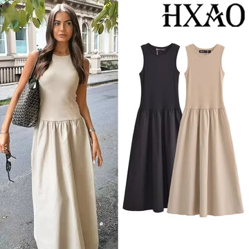 Khaki Elegant Long Dresses Spring Sleeveless Black Dresses Twirly Threads