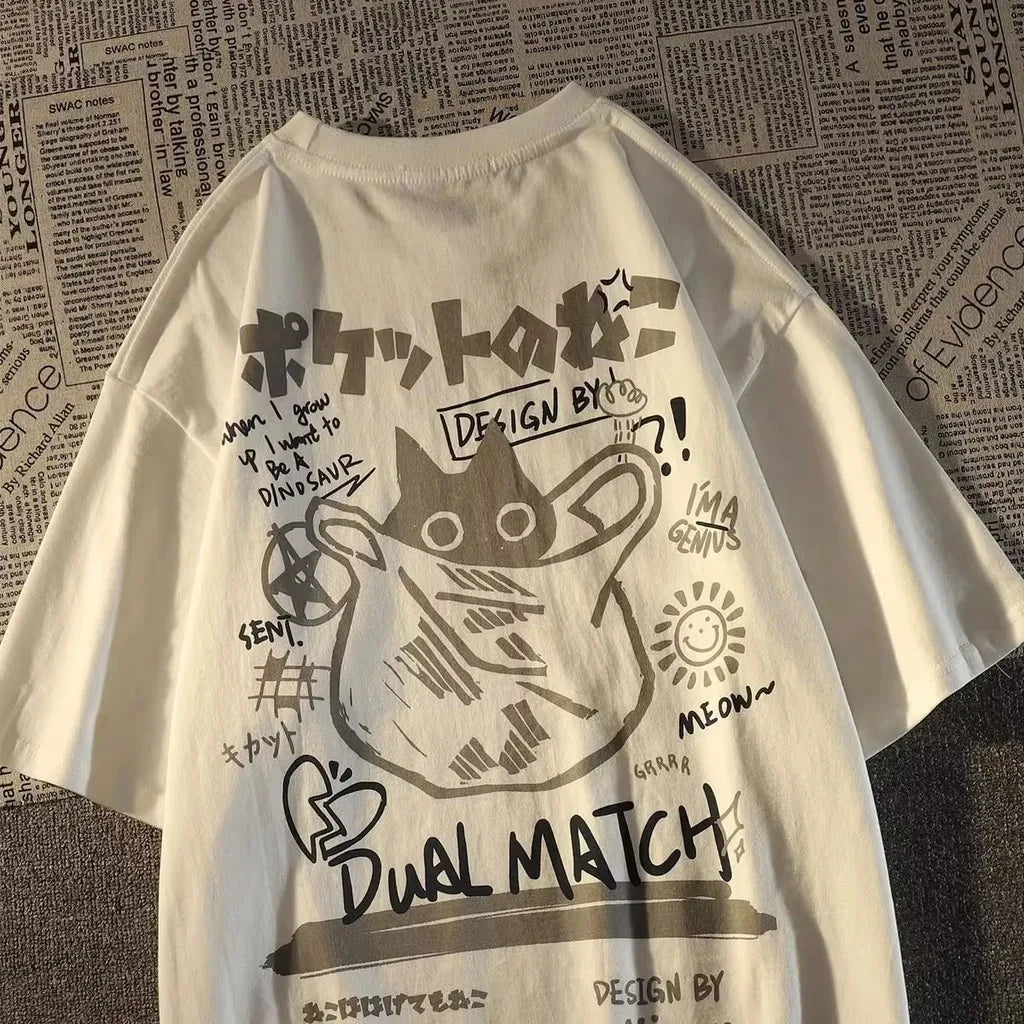 Japanese Retro Pocket Cat Cartoon Short Sleeve T-shirt Twirly Threads